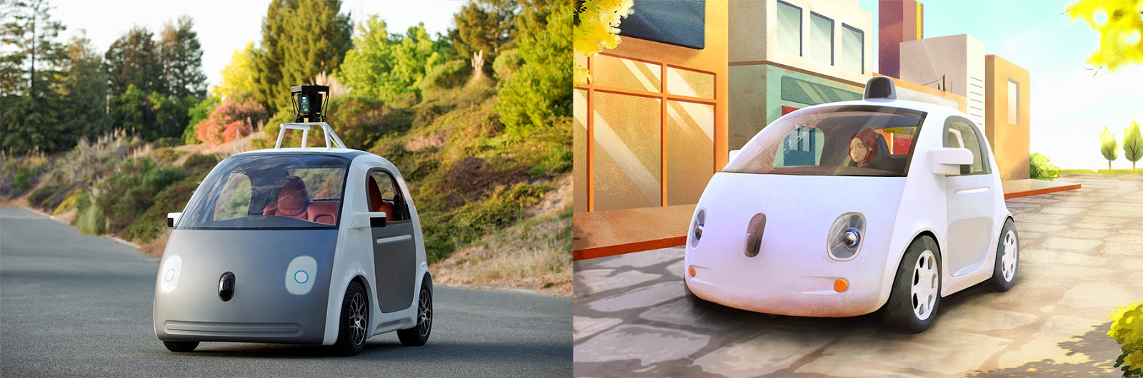 A very early version of Google's prototype vehicle, and an artistic rendering of the vehicle
A very early version of Google's prototype vehicle, and an artistic rendering of the vehicle