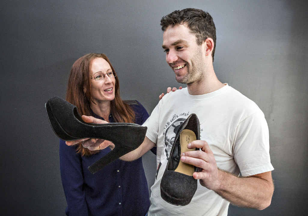 HIGH ON FUN: Kristyne Murray and Eddie McLane examine footwear for the Nymboida Adventure Festival obstacle course - which men have to run in heels. HIGH ON FUN: Kristyne Murray and Eddie McLane examine footwear for the Nymboida Adventure Festival obstacle course - which men have to run in heels.