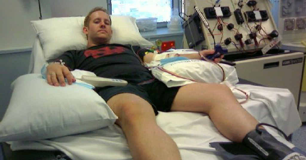 DONATING: Andrew Dobbins is hooked up to a machine for five hours so he can donate stem cells to Michael Ohler. DONATING: Andrew Dobbins is hooked up to a machine for five hours so he can donate stem cells to Michael Ohler.