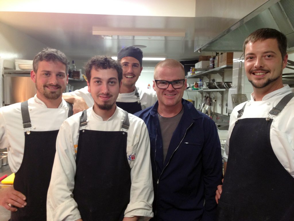 FAN BOYS: From left, Ciccetti head chef Enrico Semenzato, Marco Zorzi, Claudio Saini, and (right) sous chef Carlo Magnabosco with celebrated chef Heston Blumenthal (second from right). FAN BOYS: From left, Ciccetti head chef Enrico Semenzato, Marco Zorzi, Claudio Saini, and (right) sous chef Carlo Magnabosco with celebrated chef Heston Blumenthal (second from right).