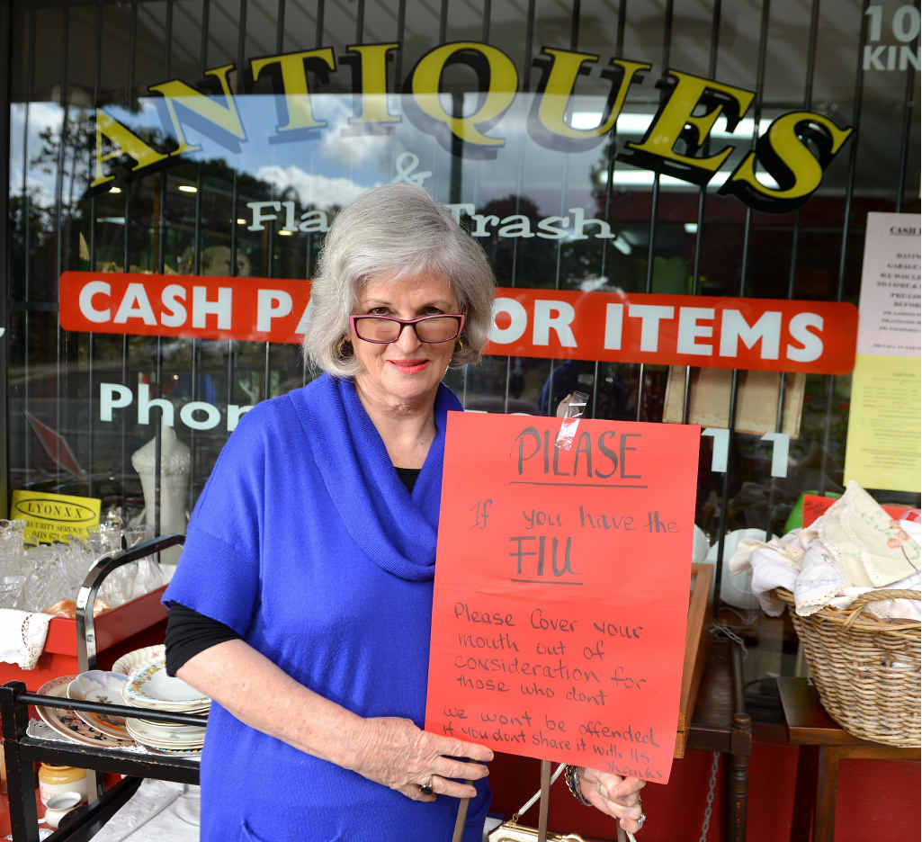 FLU REQUEST: Veronica Reynolds with the sign that caused all the problems. FLU REQUEST: Veronica Reynolds with the sign that caused all the problems.