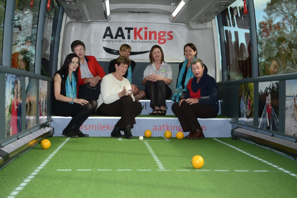 LR- Kate Smith (Duck Creek Mountain Travel), Pat Marsh, Greta Orchard, Jodie Anderson (Duck Creek Mountain Travel), Debbie Dwyer, Margie Hefferman (Duck Creek Mountain Travel), and Cherie Hill, President of the ladies Alstonville Plateau Bowling club. AAT Kings, had the world's first mobile indoor lawn bowls green to Alstonville Plateau Bowling club. LR- Kate Smith (Duck Creek Mountain Travel), Pat Marsh, Greta Orchard, Jodie Anderson (Duck Creek Mountain Travel), Debbie Dwyer, Margie Hefferman (Duck Creek Mountain Travel), and Cherie Hill, President of the ladies Alstonville Plateau Bowling club. AAT Kings, had the world's first mobile indoor lawn bowls green to Alstonville Plateau Bowling club.