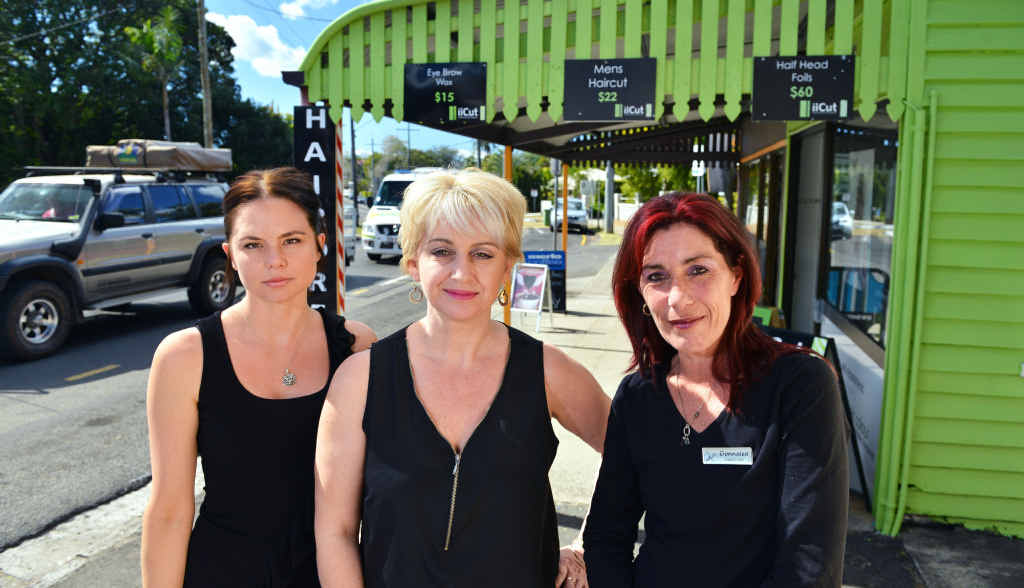UNKIND CUT: iiCuts owner Donnalea Myers (right) with Jasmine Nunn and Newmone Marseilles, outside their salon on Blackall Tce, Nambour. UNKIND CUT: iiCuts owner Donnalea Myers (right) with Jasmine Nunn and Newmone Marseilles, outside their salon on Blackall Tce, Nambour.