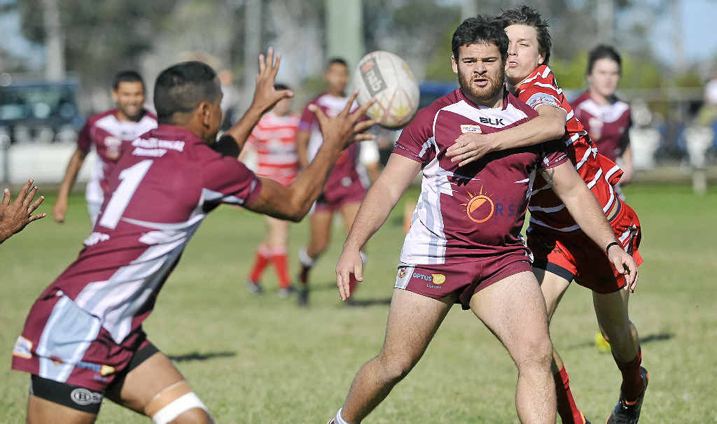 OVER TO YOU: Casino player Gage Cash gets a pass away during the match against Byron Bay at Queen Elizabeth Park in Casino. OVER TO YOU: Casino player Gage Cash gets a pass away during the match against Byron Bay at Queen Elizabeth Park in Casino.