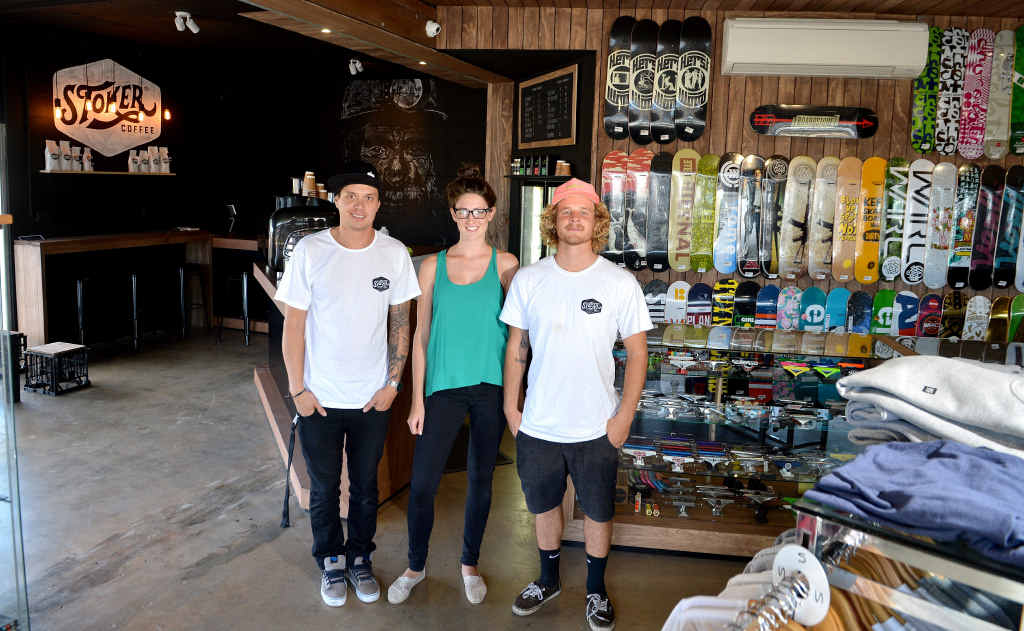 SOMETHING DIFFERENT: Cafe manager Josh Lean and staff members Kelsey Cheetham and Mark Engle like the look of the refurbishment at The Board Store, Maroochydore. SOMETHING DIFFERENT: Cafe manager Josh Lean and staff members Kelsey Cheetham and Mark Engle like the look of the refurbishment at The Board Store, Maroochydore.