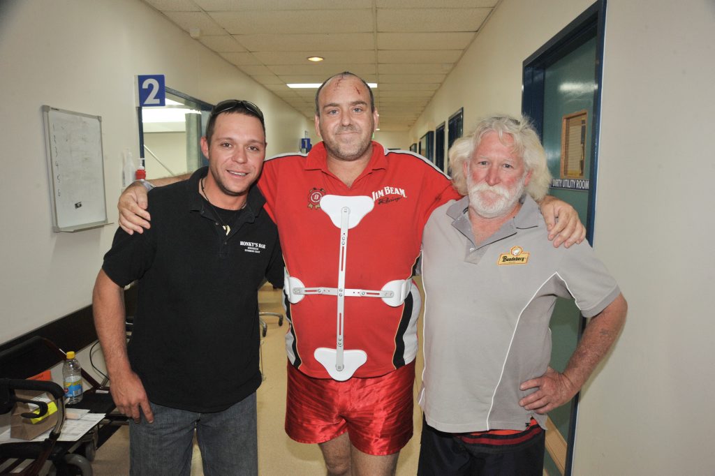 Truck driver Jason Bowditch, centre, catches up with Dave Holmes, left, and Rob Skewes, who saved him from his flaming wreck after he crashed on the Bruce Highway near the Ettamogah Pub. Hebroke three vertebrae in his back and was scalped in the accident, but only three days later he checked out of hospital. Photo: Brett Wortman / Sunshine Coast Daily Truck driver Jason Bowditch, centre, catches up with Dave Holmes, left, and Rob Skewes, who saved him from his flaming wreck after he crashed on the Bruce Highway near the Ettamogah Pub. Hebroke three vertebrae in his back and was scalped in the accident, but only three days later he checked out of hospital. Photo: Brett Wortman / Sunshine Coast Daily