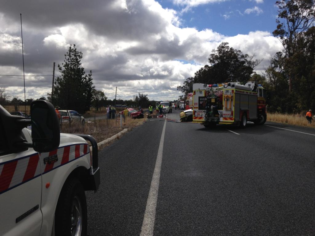 A serious two-vehicle crash has blocked the New England Hwy just south of Warwick. A serious two-vehicle crash has blocked the New England Hwy just south of Warwick.
