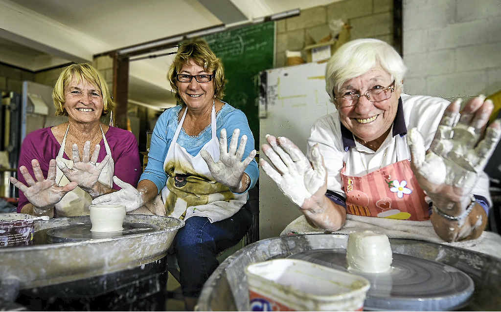 WHEEL FUN: Jeanette Webber, instructor Pauline Walters and Judy Aitkenhead at a Seniors’ Week pottery workshop. WHEEL FUN: Jeanette Webber, instructor Pauline Walters and Judy Aitkenhead at a Seniors’ Week pottery workshop.
