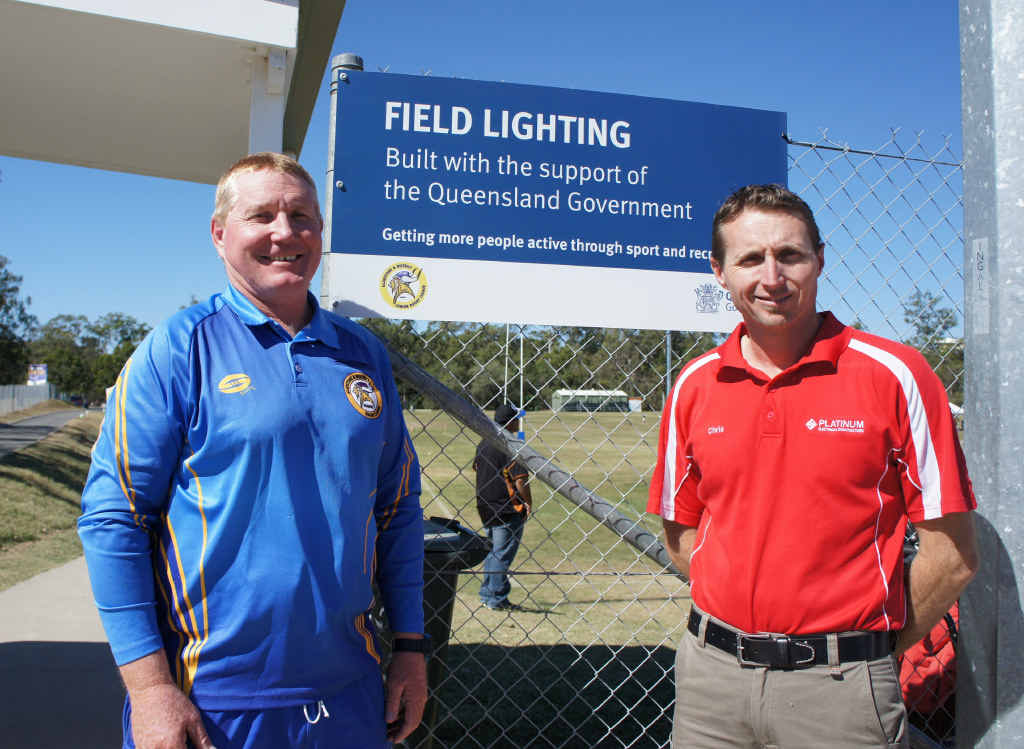 PRIMED FOR BIG DAY: Gladstone Junior Rugby League president Richard Duff (left) and Chris Jones, from Platinum Electricians Gladstone at Briffney Creek fields. PRIMED FOR BIG DAY: Gladstone Junior Rugby League president Richard Duff (left) and Chris Jones, from Platinum Electricians Gladstone at Briffney Creek fields.