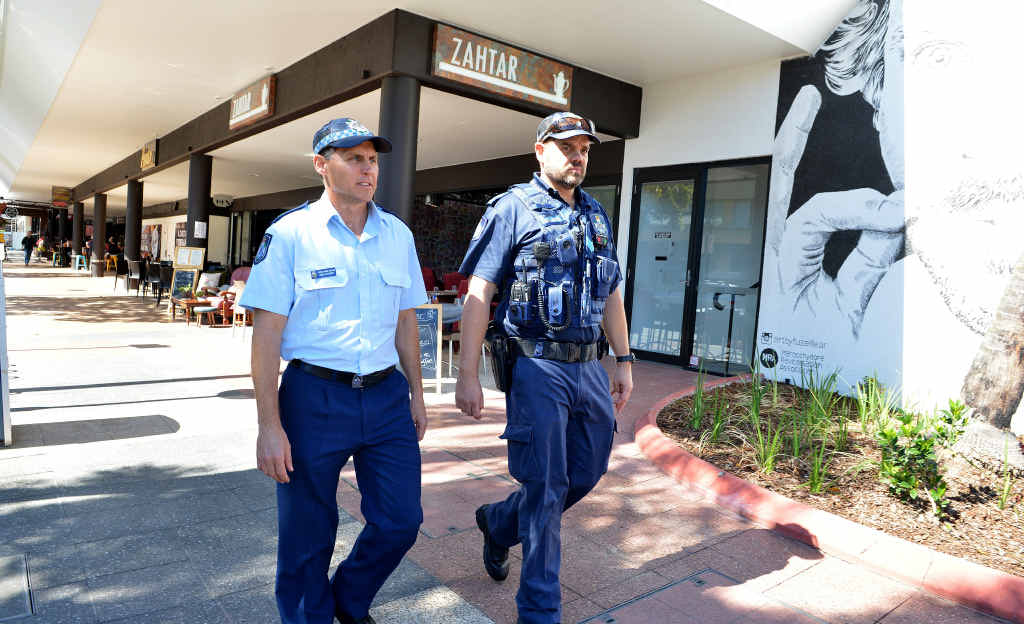 INCREASED PATROLS: Acting Sergeant Brad Cuthbert and Acting Sergeant Stuart Culley keep an eye on Maroochydore’s Ocean Street area. INCREASED PATROLS: Acting Sergeant Brad Cuthbert and Acting Sergeant Stuart Culley keep an eye on Maroochydore’s Ocean Street area.