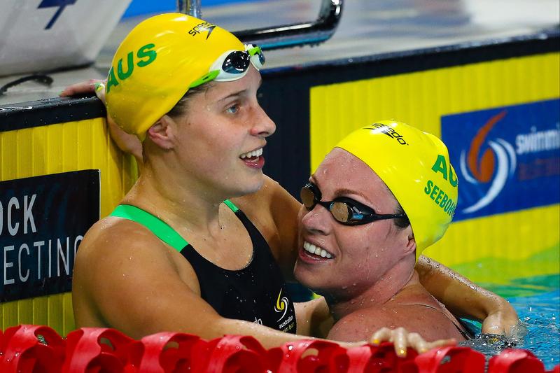 Belinda Hocking (L) is embraced by Emily Seebohm (R) of Australia following the women's 200m backstroke final at the Gold Coast Aquatic Centre in Gold Coast on August 23, 2014. The Pan Pacific swimming championships continues until August 24. Belinda Hocking (L) is embraced by Emily Seebohm (R) of Australia following the women's 200m backstroke final at the Gold Coast Aquatic Centre in Gold Coast on August 23, 2014. The Pan Pacific swimming championships continues until August 24.