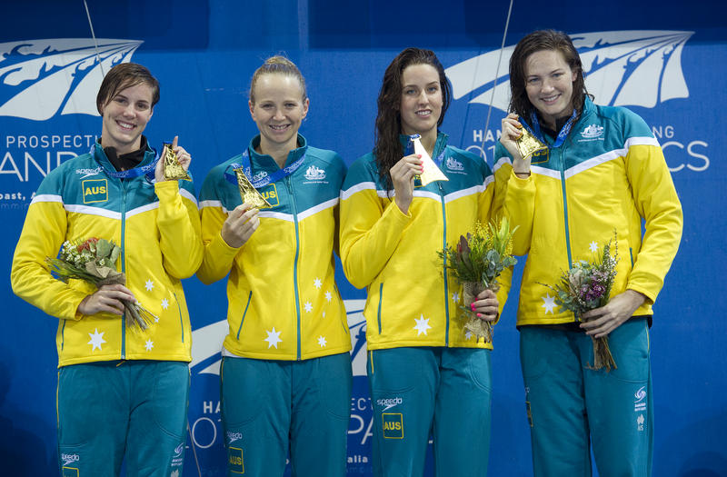 Australian swimmers L to R; Bronte Campbell, Melanie Schlanger, Brittany Elmslie and Cate campbell celebrate during their Medal presentation after winning the Womens 4 x 100m Freestyle at the Pan Pacific Championships at the Gold Coast Aquatic Centre, on the Gold Coast, Saturday, Aug. 23, 2014 Australian swimmers L to R; Bronte Campbell, Melanie Schlanger, Brittany Elmslie and Cate campbell celebrate during their Medal presentation after winning the Womens 4 x 100m Freestyle at the Pan Pacific Championships at the Gold Coast Aquatic Centre, on the Gold Coast, Saturday, Aug. 23, 2014