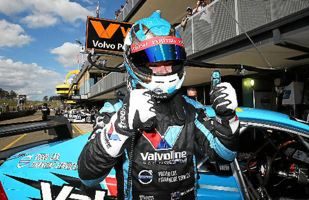 Scott McLaughlin celebrates a win in race 28 of the V8 Supercars Championship in Sydney yesterday. Scott McLaughlin celebrates a win in race 28 of the V8 Supercars Championship in Sydney yesterday.