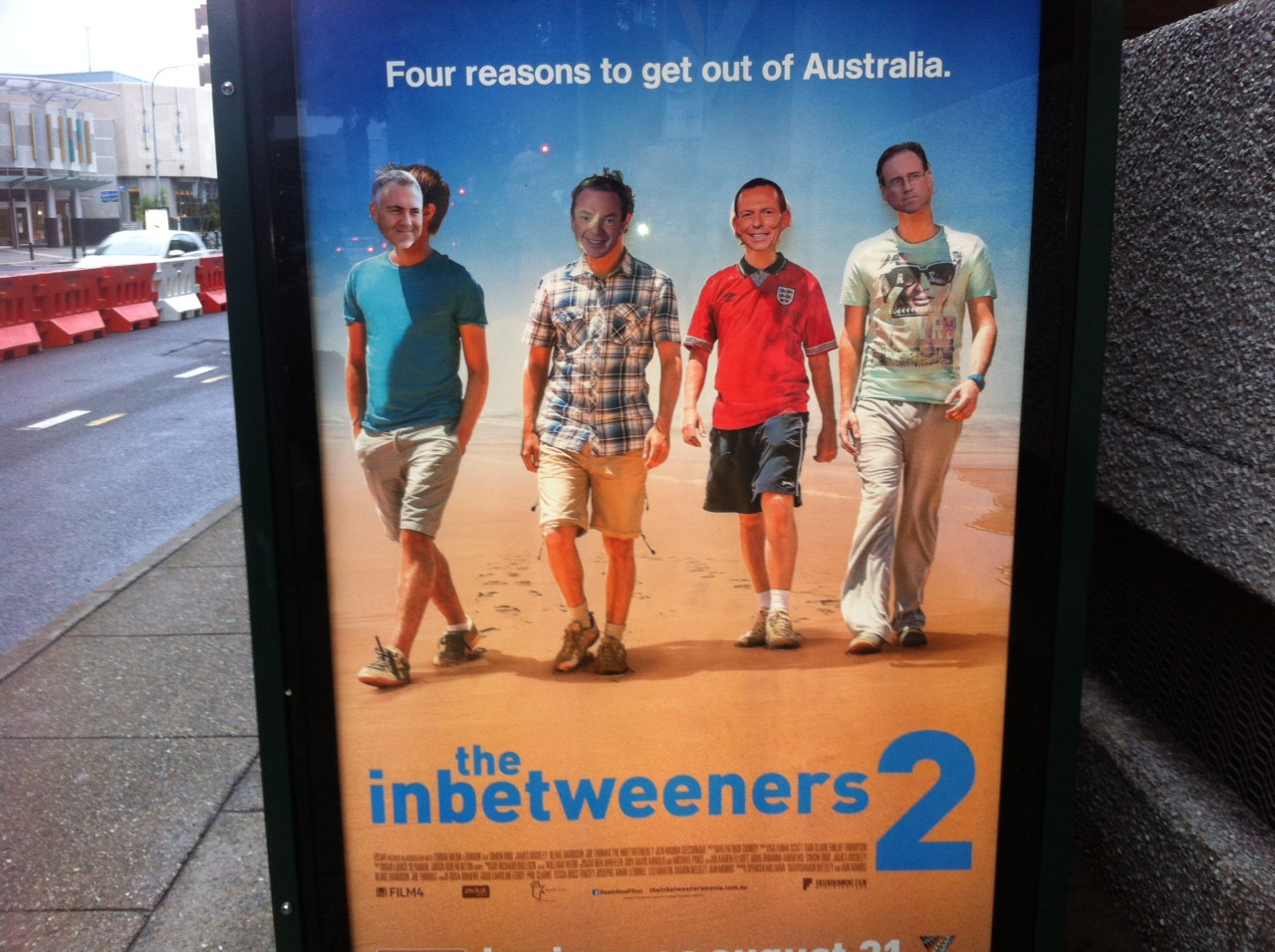A Brisbane bus-stop has been defaced, or refaced, replacing the heads of actors with those of Australia's most controversial Liberal politicians. A Brisbane bus-stop has been defaced, or refaced, replacing the heads of actors with those of Australia's most controversial Liberal politicians.