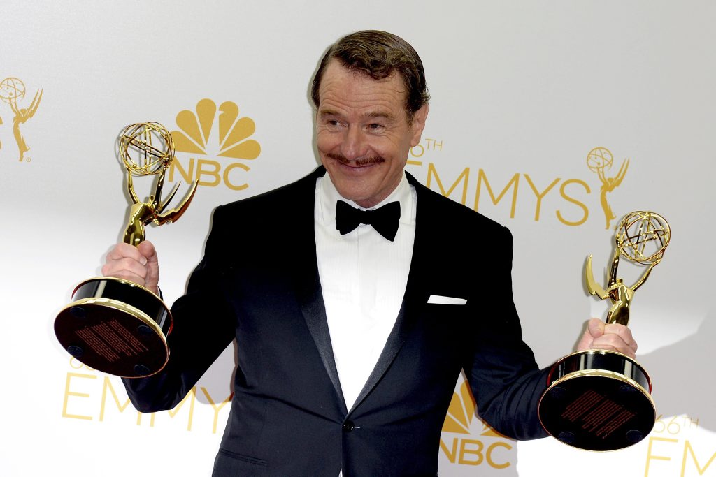 Bryan Cranston holds the Emmy Awards for Outstanding Lead Actor in a Drama Series and Outstanding Drama Series for Breaking Bad at the 66th annual Primetime Emmy Awards held at the Nokia Theatre in Los Angeles, California. Bryan Cranston holds the Emmy Awards for Outstanding Lead Actor in a Drama Series and Outstanding Drama Series for Breaking Bad at the 66th annual Primetime Emmy Awards held at the Nokia Theatre in Los Angeles, California.