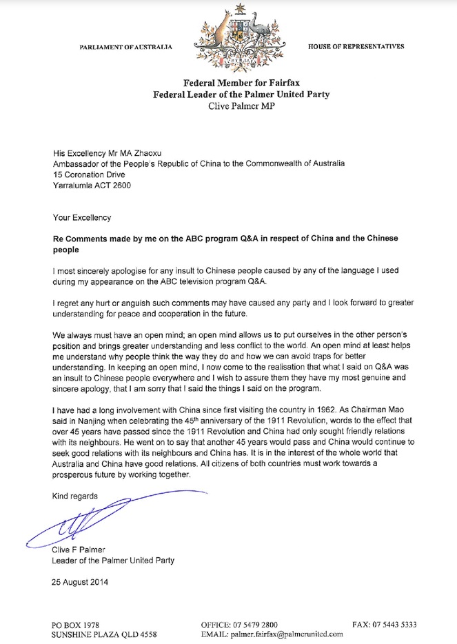 Clive Palmer's letter to the Chinese ambassador to Australia Clive Palmer's letter to the Chinese ambassador to Australia