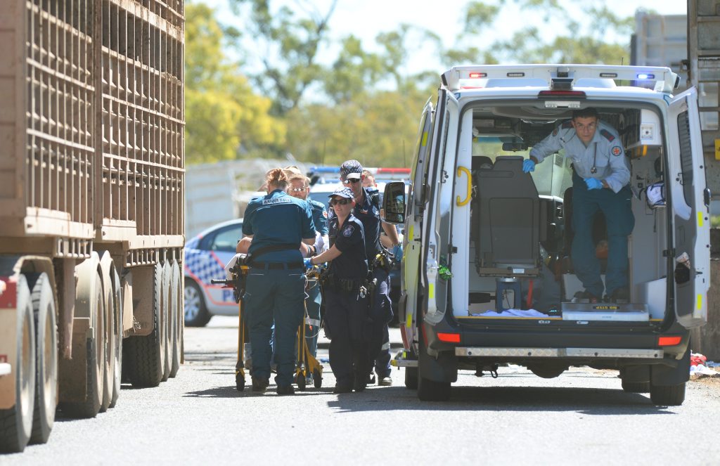 Emergency services responded to the CQLX Gracemere Sale Yards where a man sustained a head injury in a workplace accident. Photo: Chris Ison / The Morning Bulletin Emergency services responded to the CQLX Gracemere Sale Yards where a man sustained a head injury in a workplace accident. Photo: Chris Ison / The Morning Bulletin