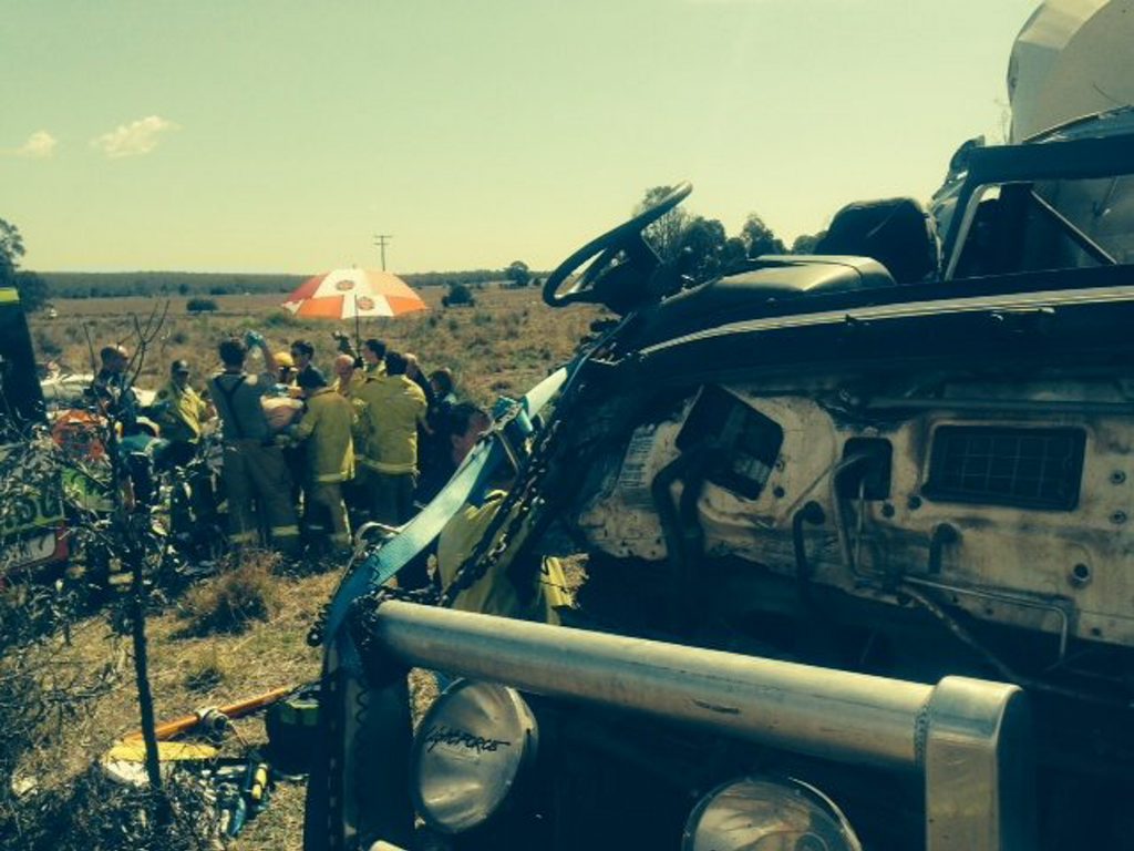 RESCUE MISSION: Emergency crews worked for more than 30 minutes to free a man who was trapped in a truck after it crashed. Photo Contributed RESCUE MISSION: Emergency crews worked for more than 30 minutes to free a man who was trapped in a truck after it crashed. Photo Contributed