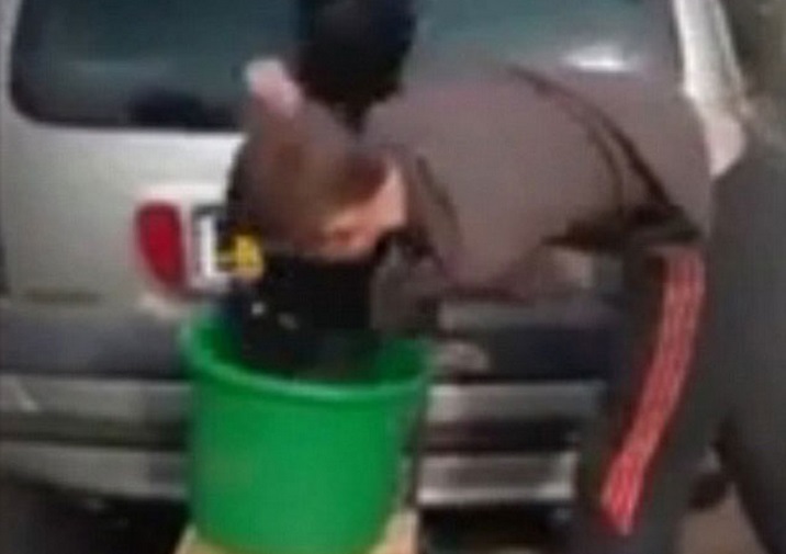A video of the dog's 'ice bucket challenge' showing a puppy being forced into iced water was posted online A video of the dog's 'ice bucket challenge' showing a puppy being forced into iced water was posted online