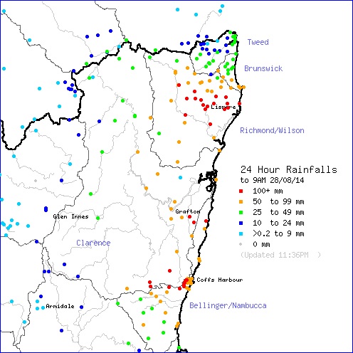 24-hour rainfall to 9am, August 28 24-hour rainfall to 9am, August 28