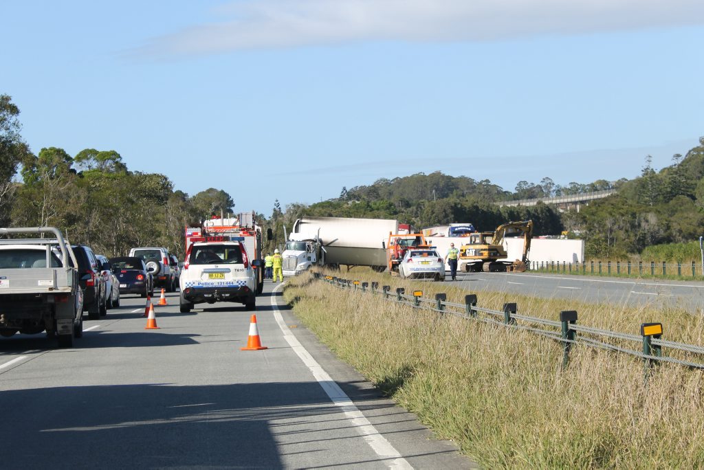 View from the southbound lane of a B-double truck rollover on the Pacific Motorway, south of Chinderah on August 29. Photo Luke Mortimer / Northern Star View from the southbound lane of a B-double truck rollover on the Pacific Motorway, south of Chinderah on August 29. Photo Luke Mortimer / Northern Star