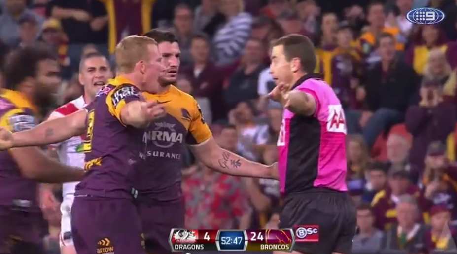 The Broncos protest the referees call in sin binning Matt Gillett. Image: Channel 9 The Broncos protest the referees call in sin binning Matt Gillett. Image: Channel 9