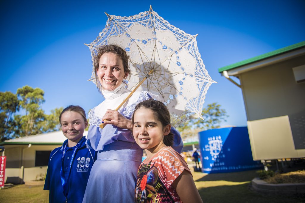 Grace Chadburn, grade five student at Ambrose State School, Amanda Stirling in period costume, senior teacher at Ambrose State School, Erin Stirling, 8, grade 2 at Ambrose State School. Grace Chadburn, grade five student at Ambrose State School, Amanda Stirling in period costume, senior teacher at Ambrose State School, Erin Stirling, 8, grade 2 at Ambrose State School.