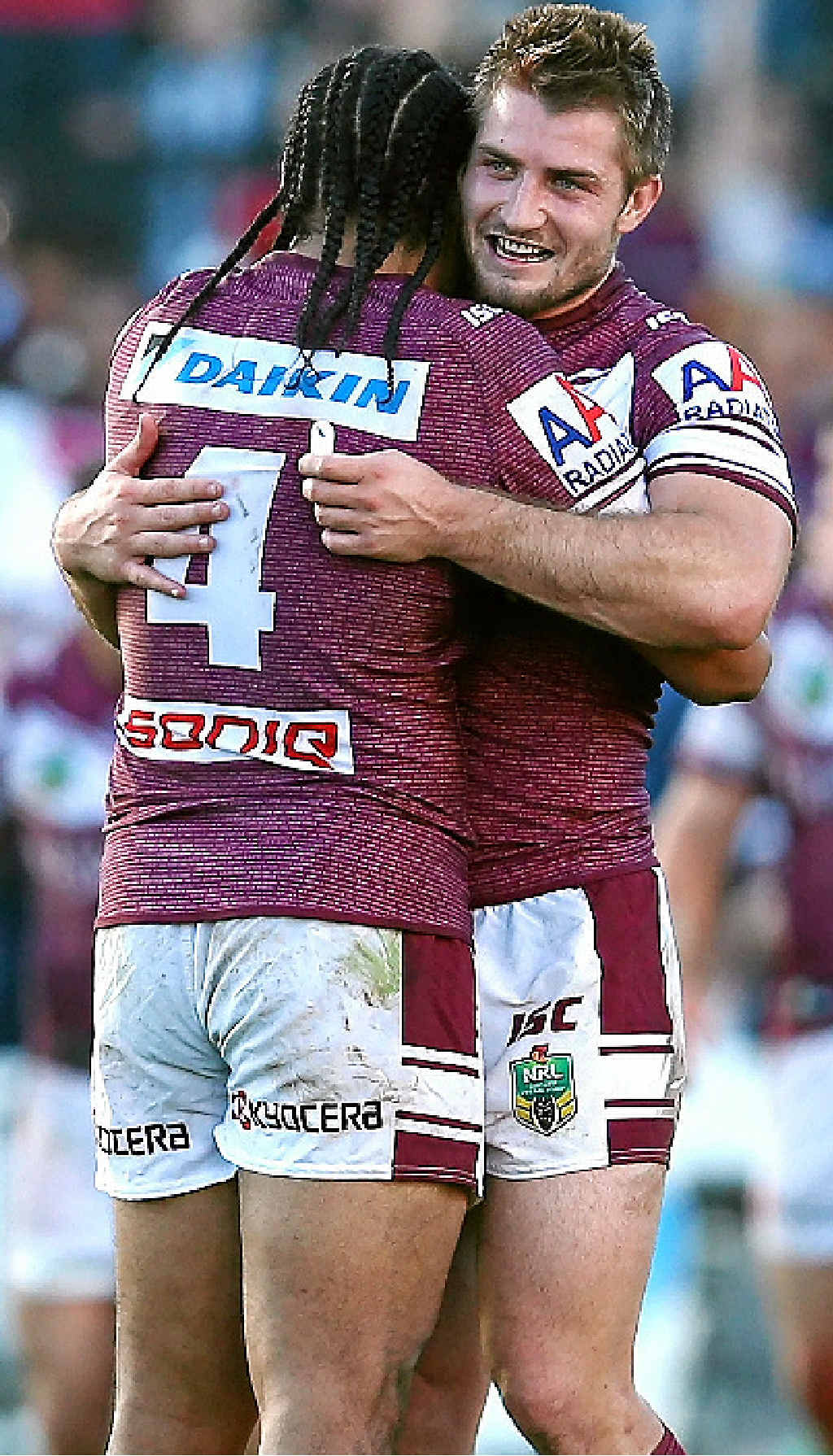 Steve Matai and Kieran Foran celebrate Manly’s win over the Panthers. Steve Matai and Kieran Foran celebrate Manly’s win over the Panthers.