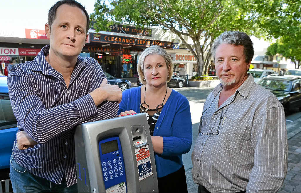 ANGRY: Store owners Jason Hunt, Ricci Lucas and Stuart Pascoe want the meters gone. ANGRY: Store owners Jason Hunt, Ricci Lucas and Stuart Pascoe want the meters gone.
