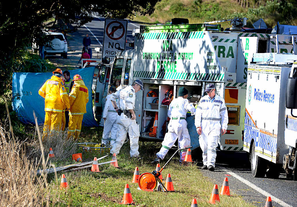 TRAGEDY: Emergency services (above) at the scene of a fatal car crash at Newrybar where four young people died. TRAGEDY: Emergency services (above) at the scene of a fatal car crash at Newrybar where four young people died.