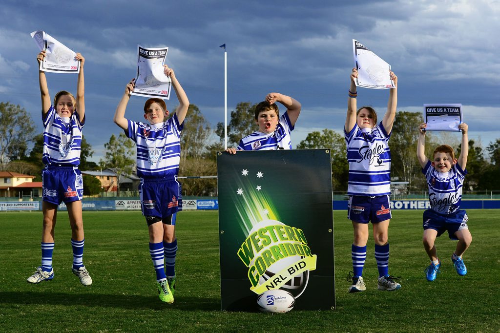 SIGN UP: Brothers junior rugby league players, from left, Dylan McAteer, 11, Brayden Waddle, 10, Thomas Hall, 12, Hailey Hall, 9, and Tate Waddle, 5, join in the support for a Western Corridor NRL bid team and will ask their parents to sign today’s petition on page 6. SIGN UP: Brothers junior rugby league players, from left, Dylan McAteer, 11, Brayden Waddle, 10, Thomas Hall, 12, Hailey Hall, 9, and Tate Waddle, 5, join in the support for a Western Corridor NRL bid team and will ask their parents to sign today’s petition on page 6.