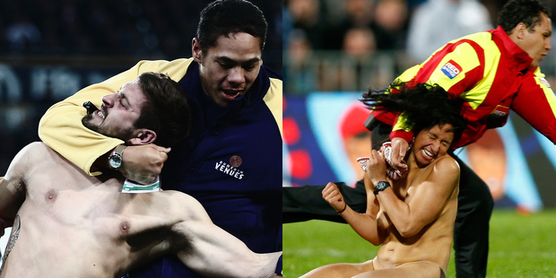 Adam Holtslag (L) has complained of being treated differently to Rose Kupa (R) who streaked during Saturday's test match between the All Blacks and Argentina. Adam Holtslag (L) has complained of being treated differently to Rose Kupa (R) who streaked during Saturday's test match between the All Blacks and Argentina.