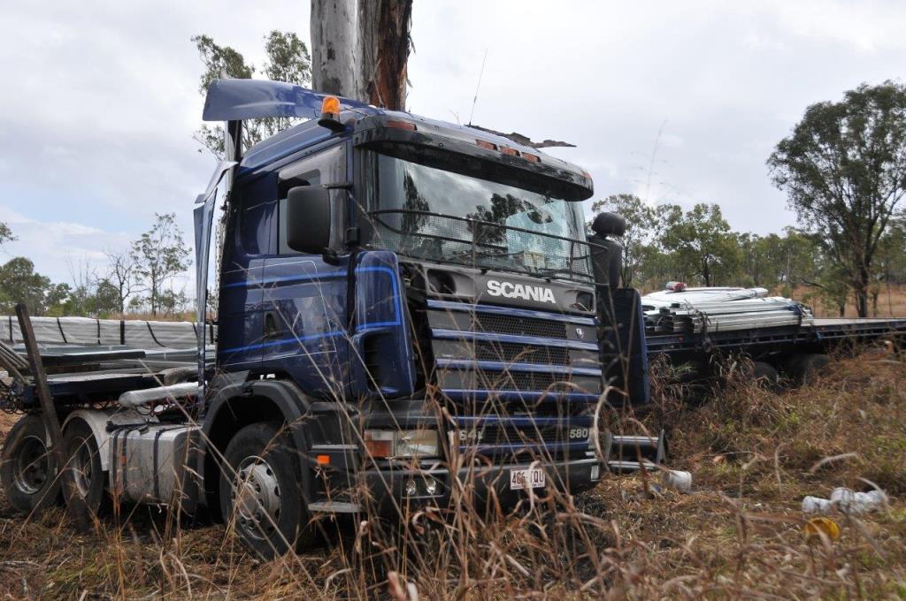 A truck has run off the Bruce Highway 10km south of Mt Larcom. A truck has run off the Bruce Highway 10km south of Mt Larcom.