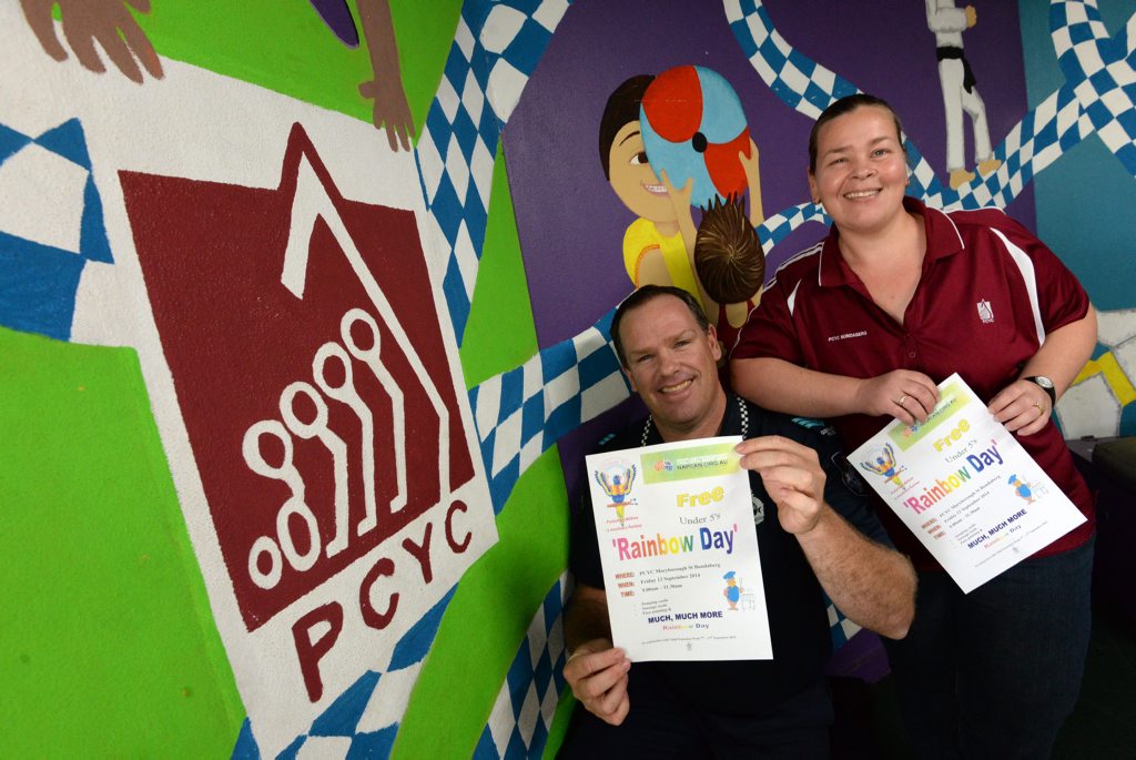 FUN DAY: The PCYC's John Kendall and Tracy Dobson are encouraging kids to come and enjoy Rainbow Day this Friday at the PCYC in Maryborough St Bundaberg. Photo: Mike Knott / NewsMail FUN DAY: The PCYC's John Kendall and Tracy Dobson are encouraging kids to come and enjoy Rainbow Day this Friday at the PCYC in Maryborough St Bundaberg. Photo: Mike Knott / NewsMail