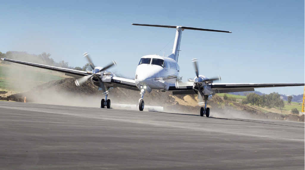 TOUCHING DOWN: A Beechcraft King Air landing at Brisbane West Wellcamp Airport for the official launch. TOUCHING DOWN: A Beechcraft King Air landing at Brisbane West Wellcamp Airport for the official launch.