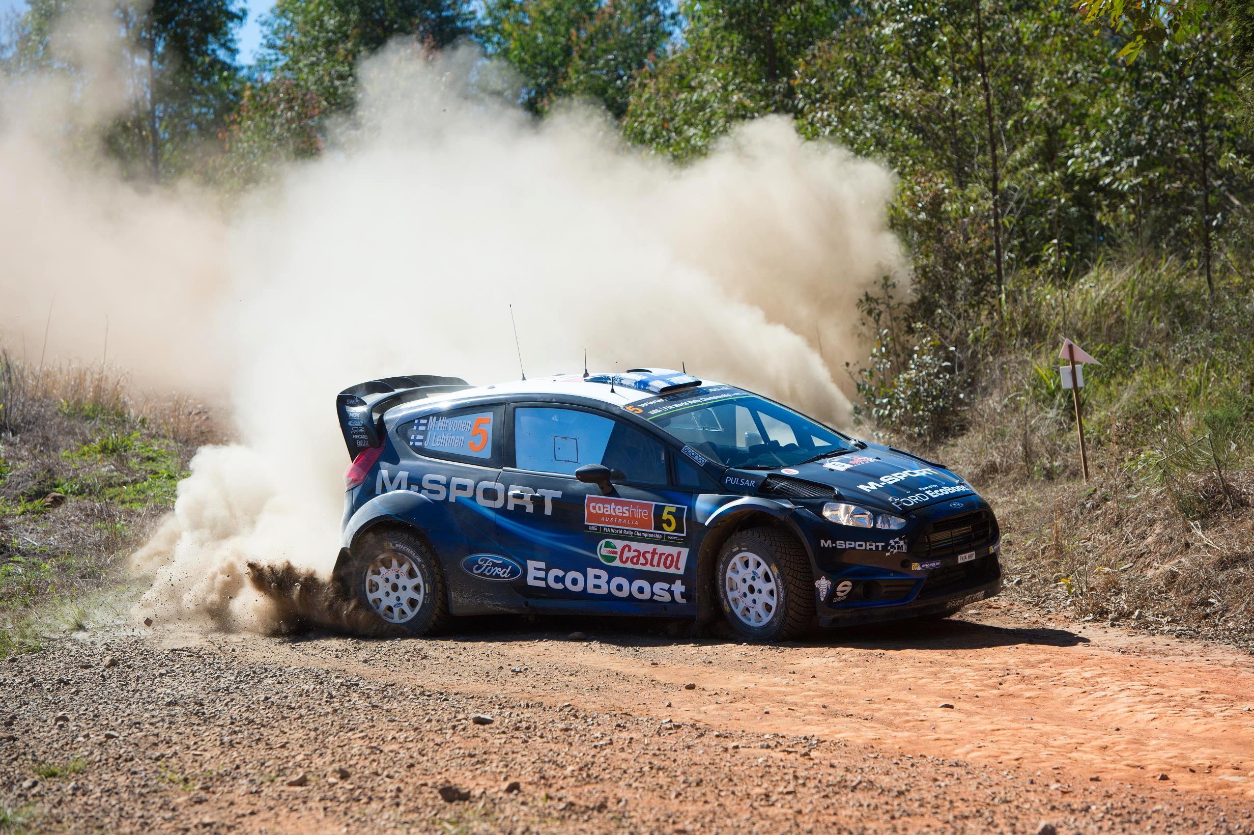 Mikko Hirvonen of M-Sport Ford during today's Coates Hire Rally Australia shakedown. Mikko Hirvonen of M-Sport Ford during today's Coates Hire Rally Australia shakedown.