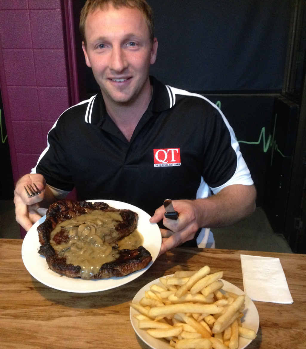 PLOUGHING THROUGH: After getting through the 1kg steak easily, the side of chips proved more of a challenge. CONTRIBUTED PLOUGHING THROUGH: After getting through the 1kg steak easily, the side of chips proved more of a challenge. CONTRIBUTED