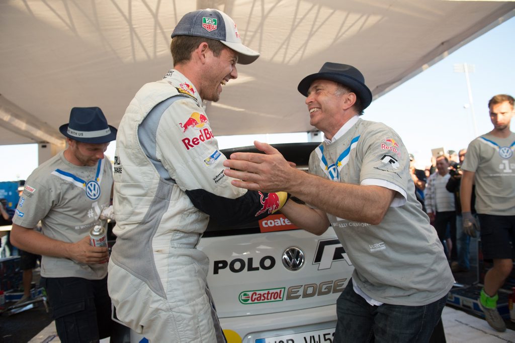 2014 WRC coasteshire rally winner of the event Sebastien Ogier celebrates with the rest of the Volkswagen Team. 14 September 2014. Photo Trevor Veale / Coffs Coast Advocate 2014 WRC coasteshire rally winner of the event Sebastien Ogier celebrates with the rest of the Volkswagen Team. 14 September 2014. Photo Trevor Veale / Coffs Coast Advocate