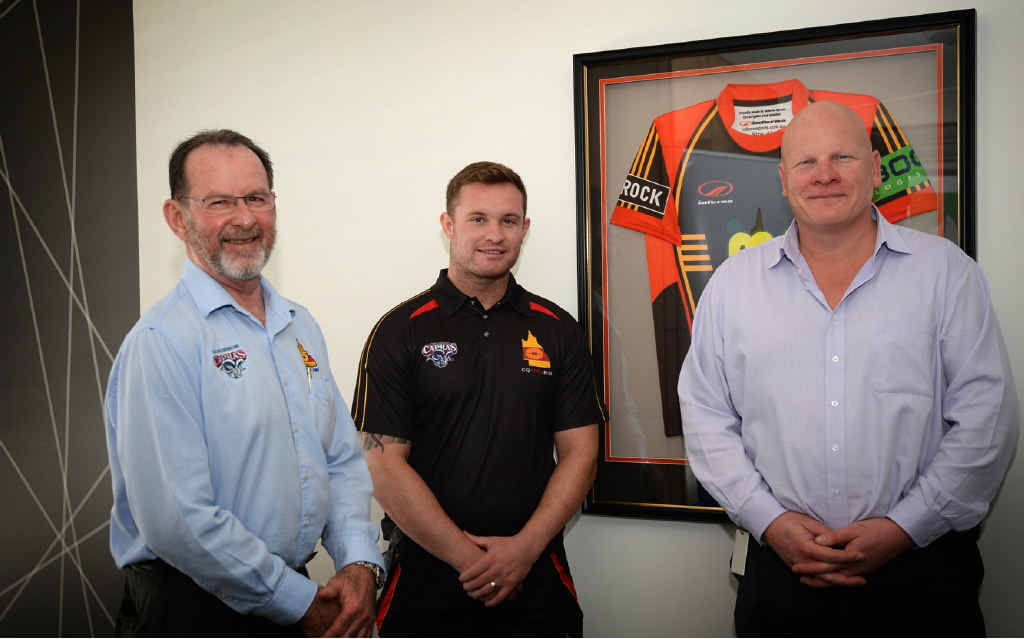 CQ NRL Bid CEO Denis Keeffe with development manager Ian Webster and Rock Building Society CEO Andrew Paynter. CQ NRL Bid CEO Denis Keeffe with development manager Ian Webster and Rock Building Society CEO Andrew Paynter.
