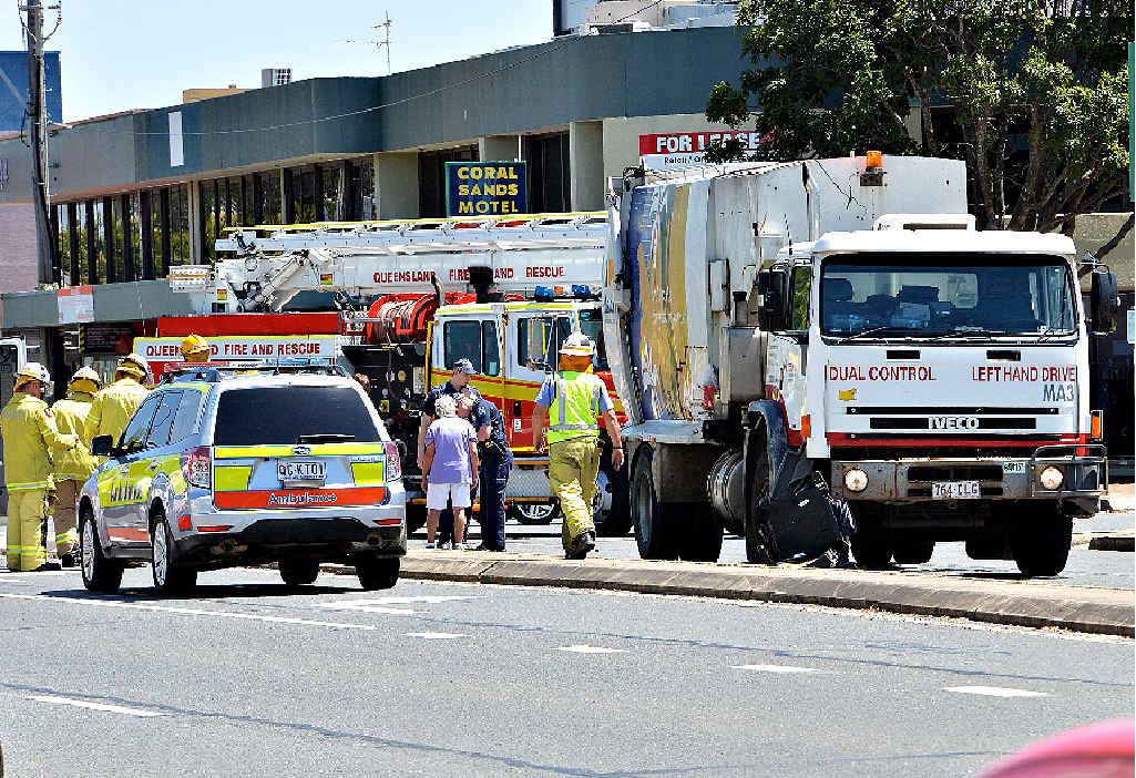 CRASH SITE: Emergency services crews at the scene of the collision near the intersection of Gordon and Macalister Sts. CRASH SITE: Emergency services crews at the scene of the collision near the intersection of Gordon and Macalister Sts.