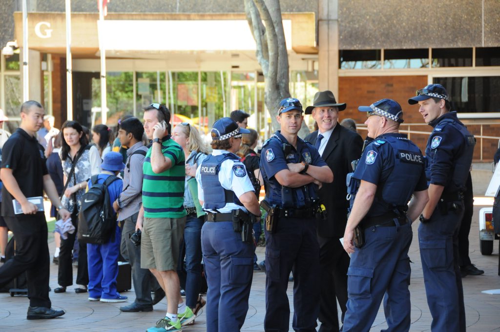 Police patrol the University of Southern Queensland Toowoomba campus after a bomb threat was called in. Police patrol the University of Southern Queensland Toowoomba campus after a bomb threat was called in.