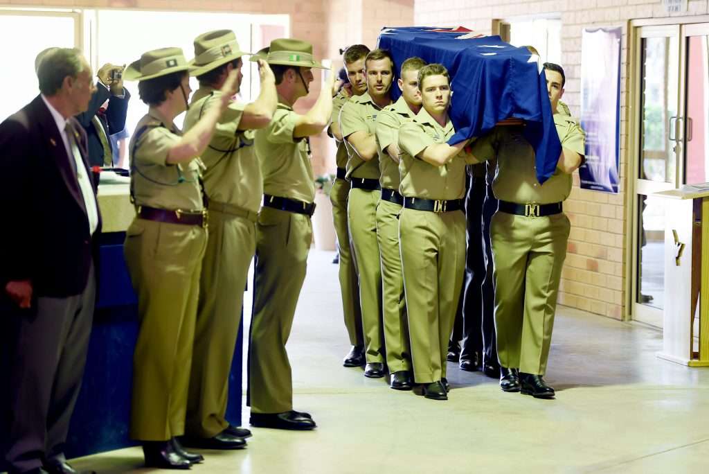 The coffin of Thomas Henry 'Buddy' Lea being carried into the Hervey Bay Baptist Church in Nikenbah. The coffin of Thomas Henry 'Buddy' Lea being carried into the Hervey Bay Baptist Church in Nikenbah.