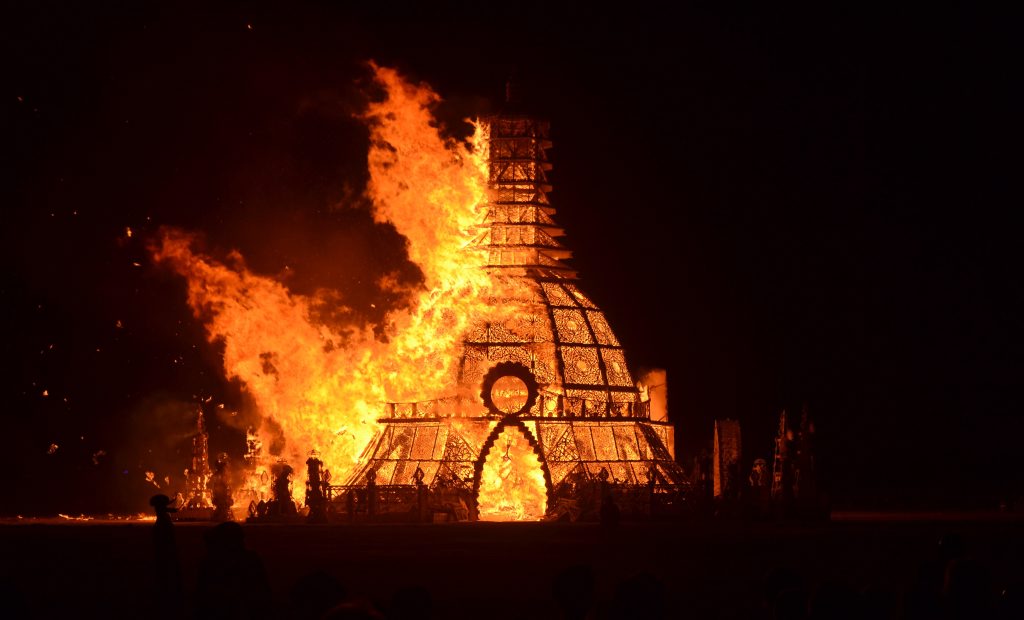 The Temple Burn at the Burning Man Festival in Nevada's Black Rock Desert. The Temple Burn at the Burning Man Festival in Nevada's Black Rock Desert.