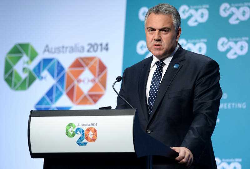 Australian Treasurer Joe Hockey looks on during a press conference at the G20 Finance Ministers and Central Bank Governors are meeting in Cairns, Sunday, Sept. 21, 2014. Australian Treasurer Joe Hockey looks on during a press conference at the G20 Finance Ministers and Central Bank Governors are meeting in Cairns, Sunday, Sept. 21, 2014.