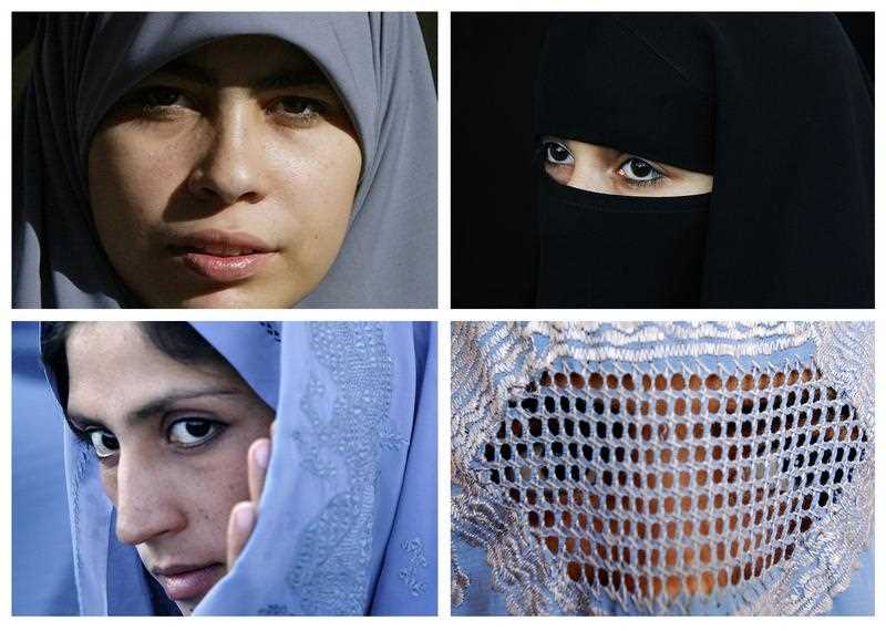 This combination of pictures shows Muslim women wearing various type of Islamic veils, a Hijab (top L), a Niqab (top R) a Tchador (down L) and a Burqa. This combination of pictures shows Muslim women wearing various type of Islamic veils, a Hijab (top L), a Niqab (top R) a Tchador (down L) and a Burqa.