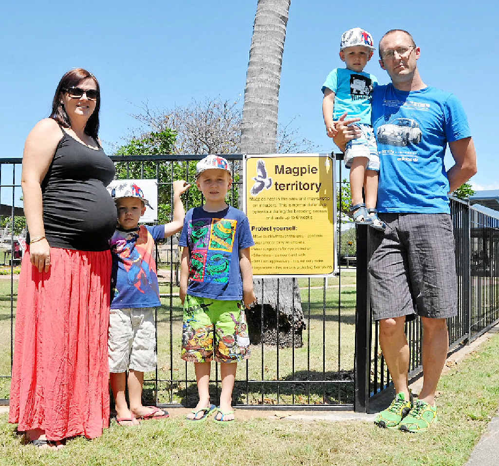 ON THE LOOKOUT: Reuben and Brooke Roberts want their family to be safe from attacking magpies at Appleton Park in Yeppoon. ON THE LOOKOUT: Reuben and Brooke Roberts want their family to be safe from attacking magpies at Appleton Park in Yeppoon.