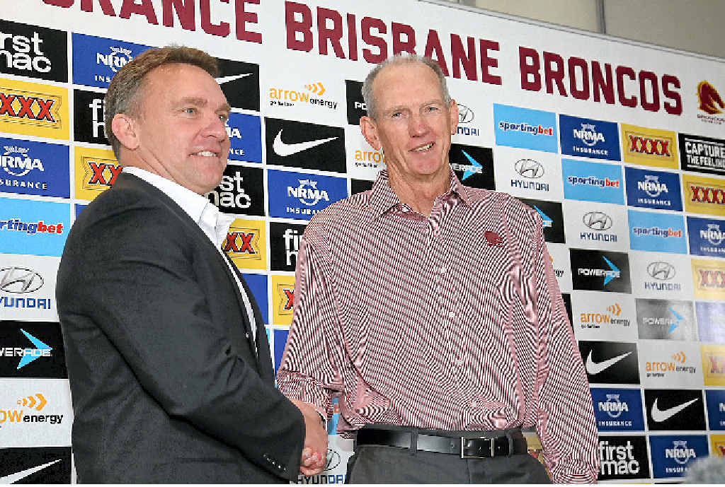 BACK IN THE FOLD: Broncos chief executive Paul White (left) officially welcomes back Wayne Bennett this week. BACK IN THE FOLD: Broncos chief executive Paul White (left) officially welcomes back Wayne Bennett this week.