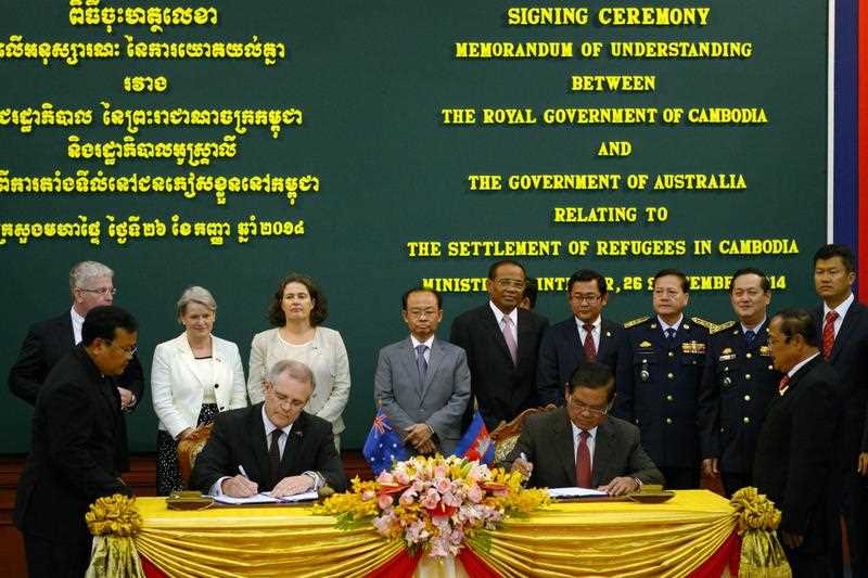 Cambodian Minister of Interior Sar Kheng and Australian Immigration Minister Scott Morrison sign last year's agreement to send asylum seekers to Cambodia. Cambodian Minister of Interior Sar Kheng and Australian Immigration Minister Scott Morrison sign last year's agreement to send asylum seekers to Cambodia.