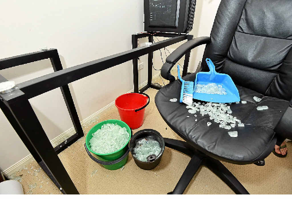 EXPLODING DESK: Luke Parer’s glass computer bench exploded in the middle of the night. EXPLODING DESK: Luke Parer’s glass computer bench exploded in the middle of the night.
