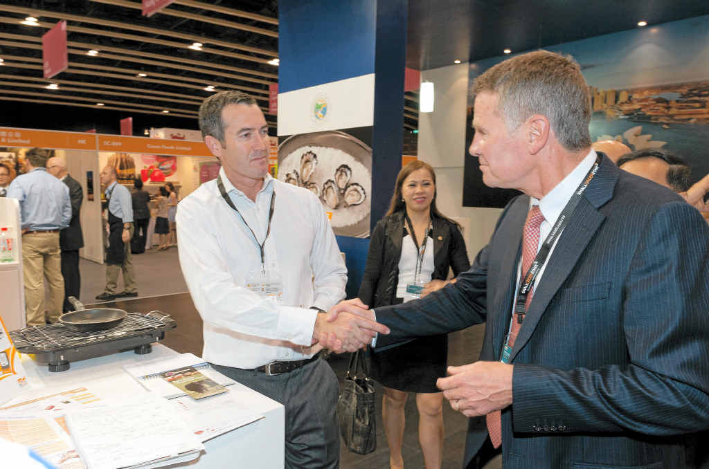 WHERE’S THE BEEF: Merrick Blok of Lismore-based Lee Pratt Beef welcomes NSW Deputy Premier and Minister for Trade & Investment Andrew Stoner to the NSW Stand at the Hong Kong Food expo. WHERE’S THE BEEF: Merrick Blok of Lismore-based Lee Pratt Beef welcomes NSW Deputy Premier and Minister for Trade & Investment Andrew Stoner to the NSW Stand at the Hong Kong Food expo.